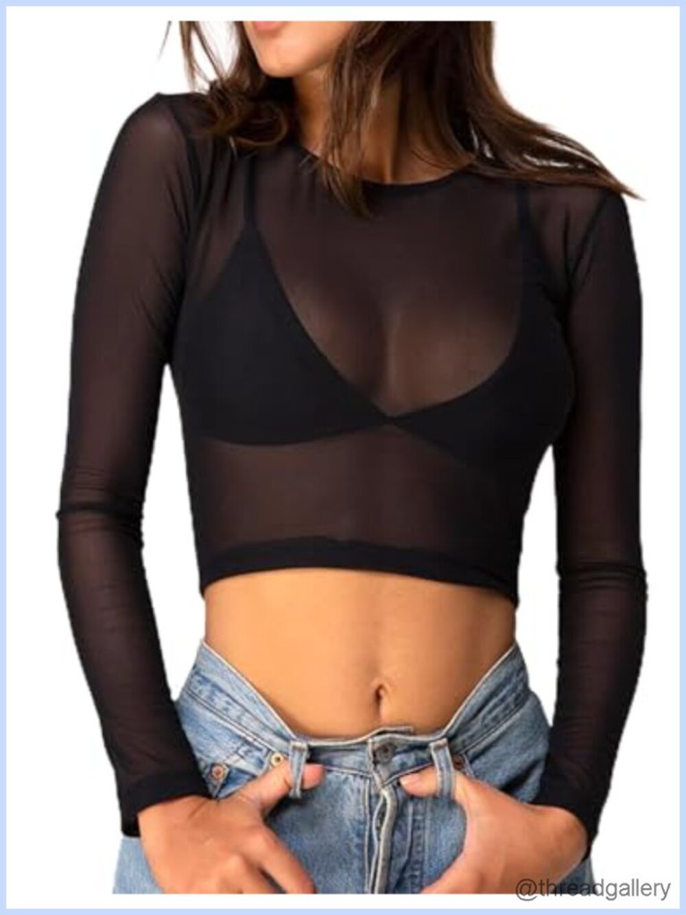 Mesh Sheer Top See Through Crop Long Sleeve Pull On